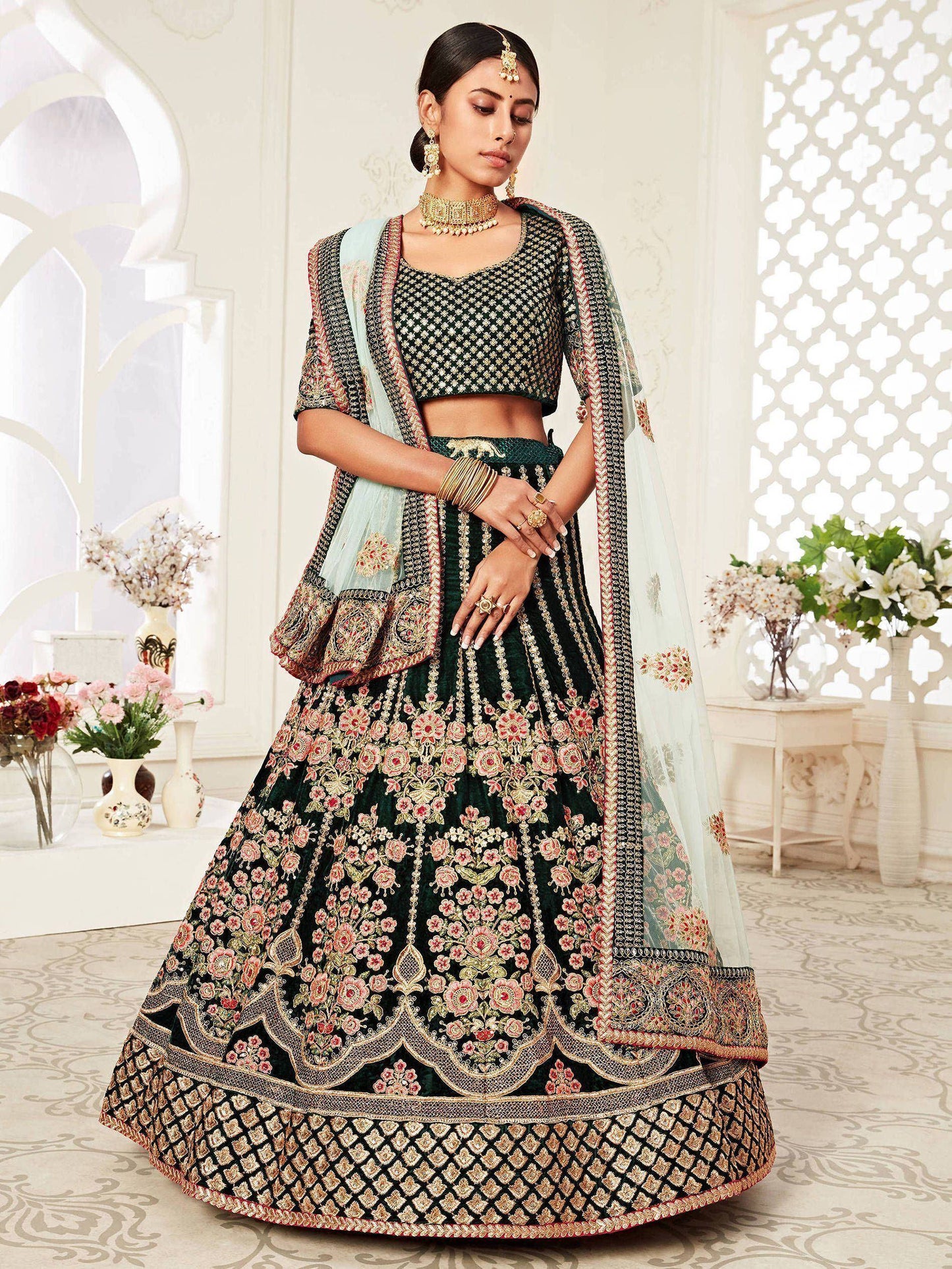 Tulsi Art Green Floral Embroidered Velvet Bridal Lehenga Choli