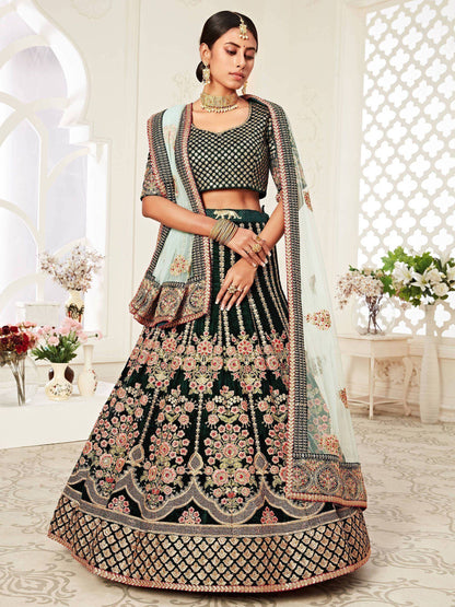 Tulsi Art Green Floral Embroidered Velvet Bridal Lehenga Choli