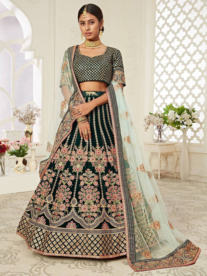 Tulsi Art Green Floral Embroidered Velvet Bridal Lehenga Choli
