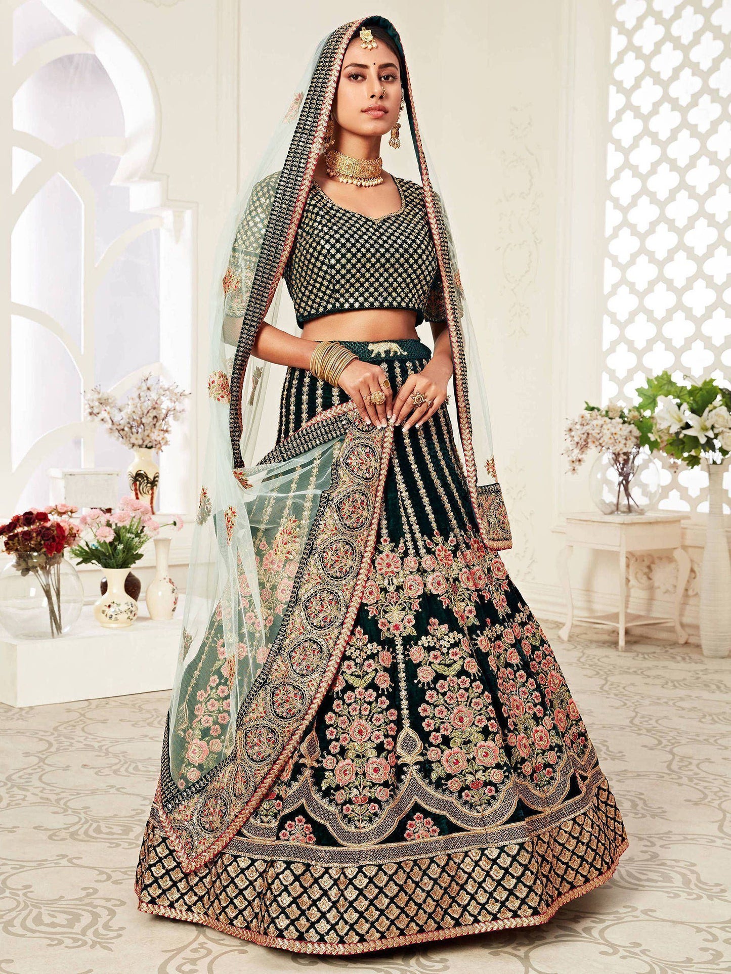 Tulsi Art Green Floral Embroidered Velvet Bridal Lehenga Choli