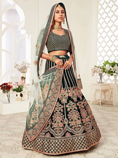 Tulsi Art Green Floral Embroidered Velvet Bridal Lehenga Choli