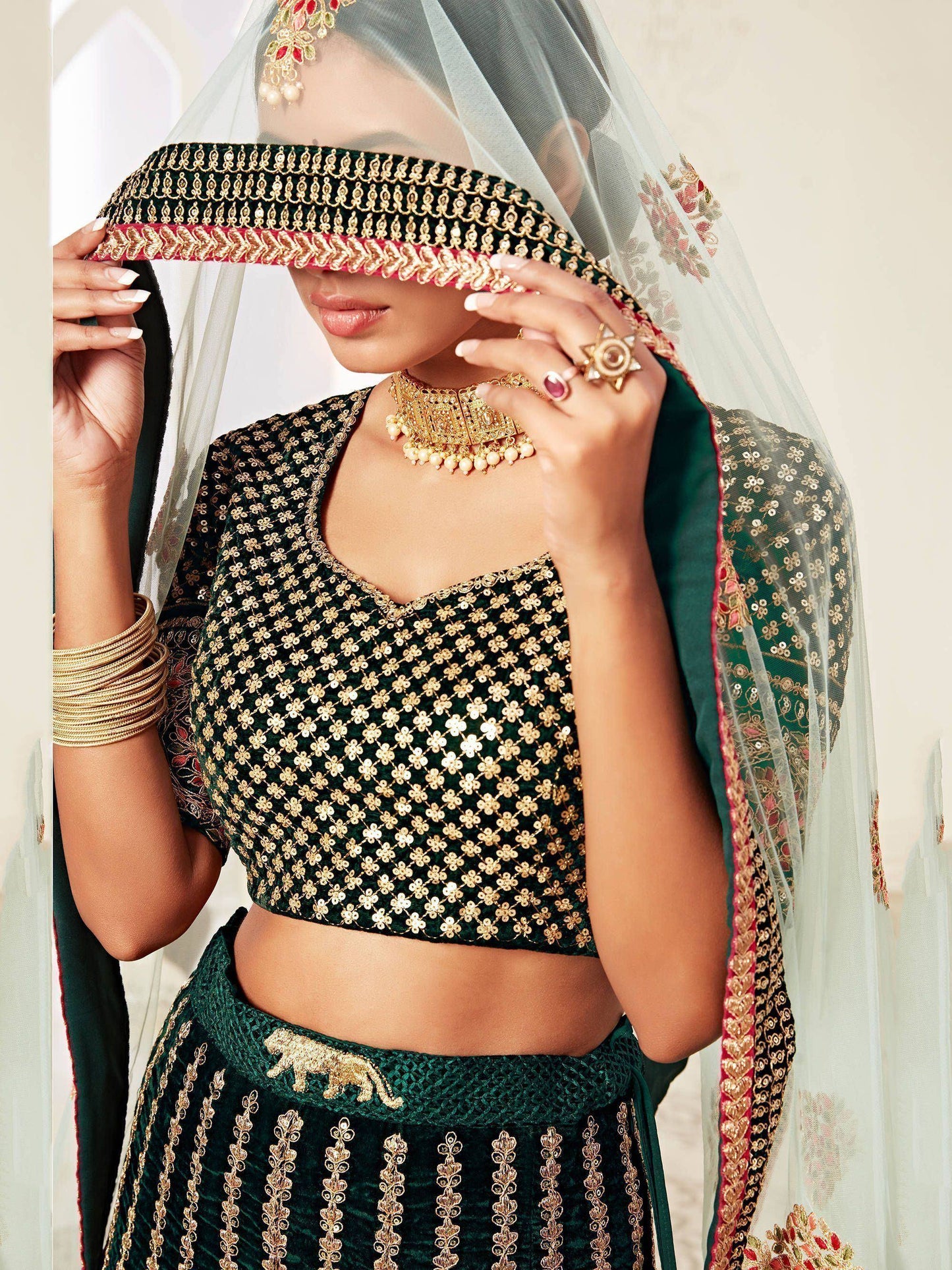 Tulsi Art Green Floral Embroidered Velvet Bridal Lehenga Choli