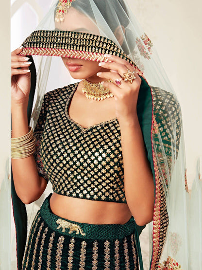 Tulsi Art Green Floral Embroidered Velvet Bridal Lehenga Choli
