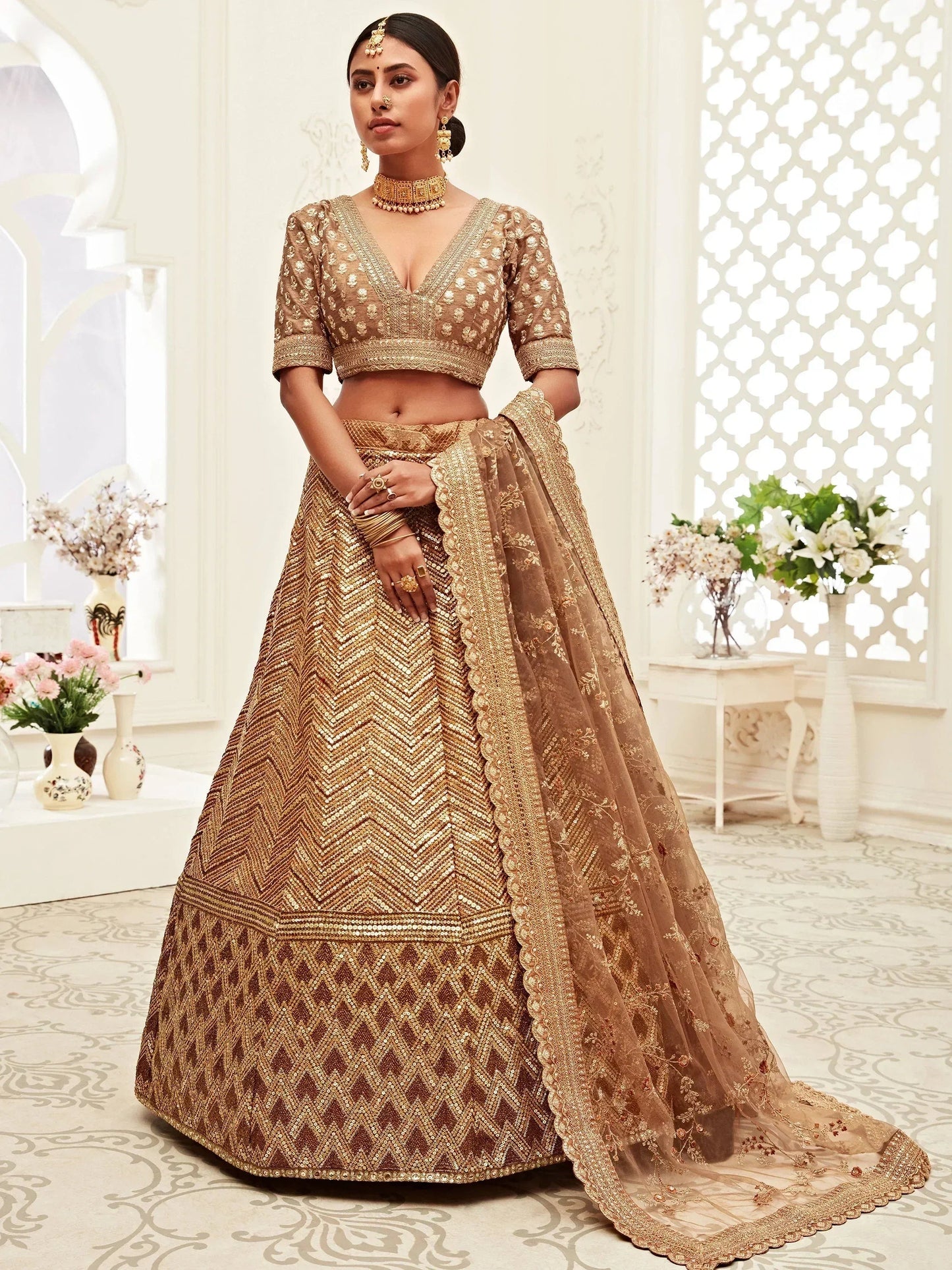 Tulsi Art Brown Sequins Embroidered Slub Silk Bridal Wear Lehenga Choli