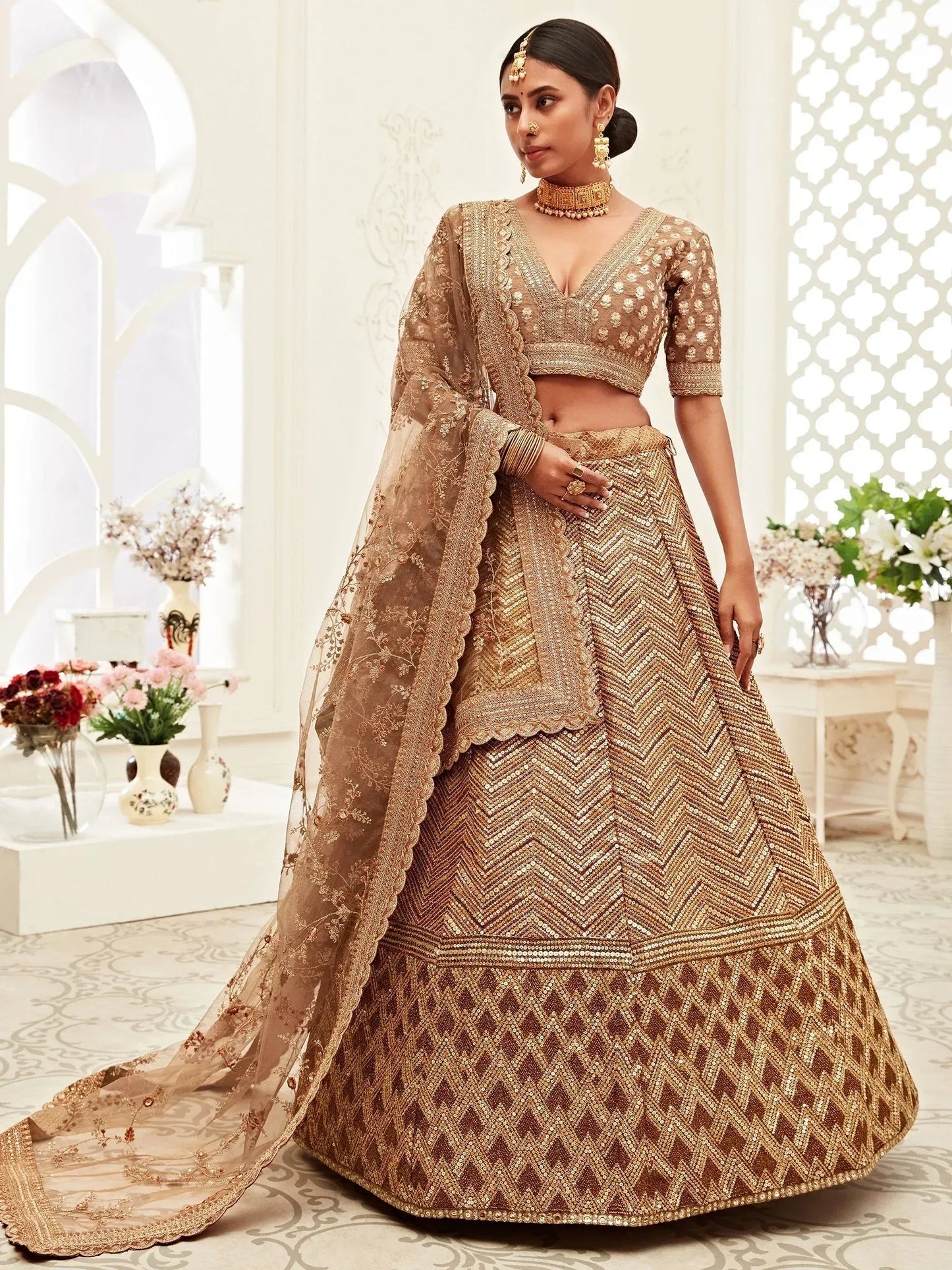 Tulsi Art Brown Sequins Embroidered Slub Silk Bridal Wear Lehenga Choli