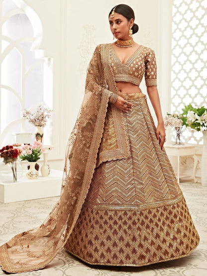 Tulsi Art Brown Sequins Embroidered Slub Silk Bridal Wear Lehenga Choli