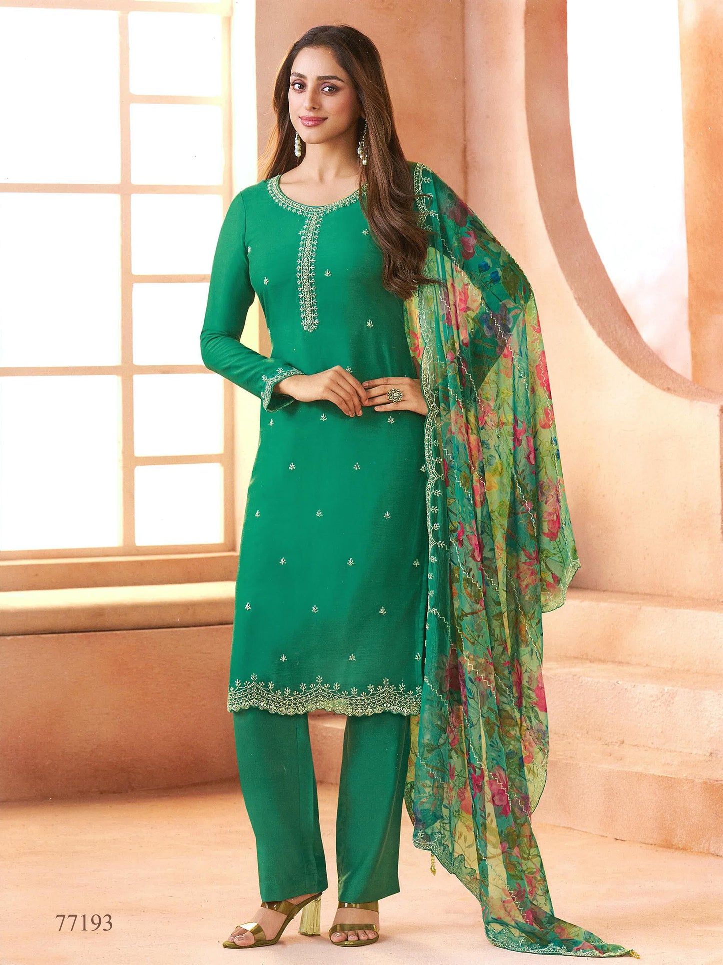 Anaita D Green Chiffon Suit with Digital Printed & Beats Work