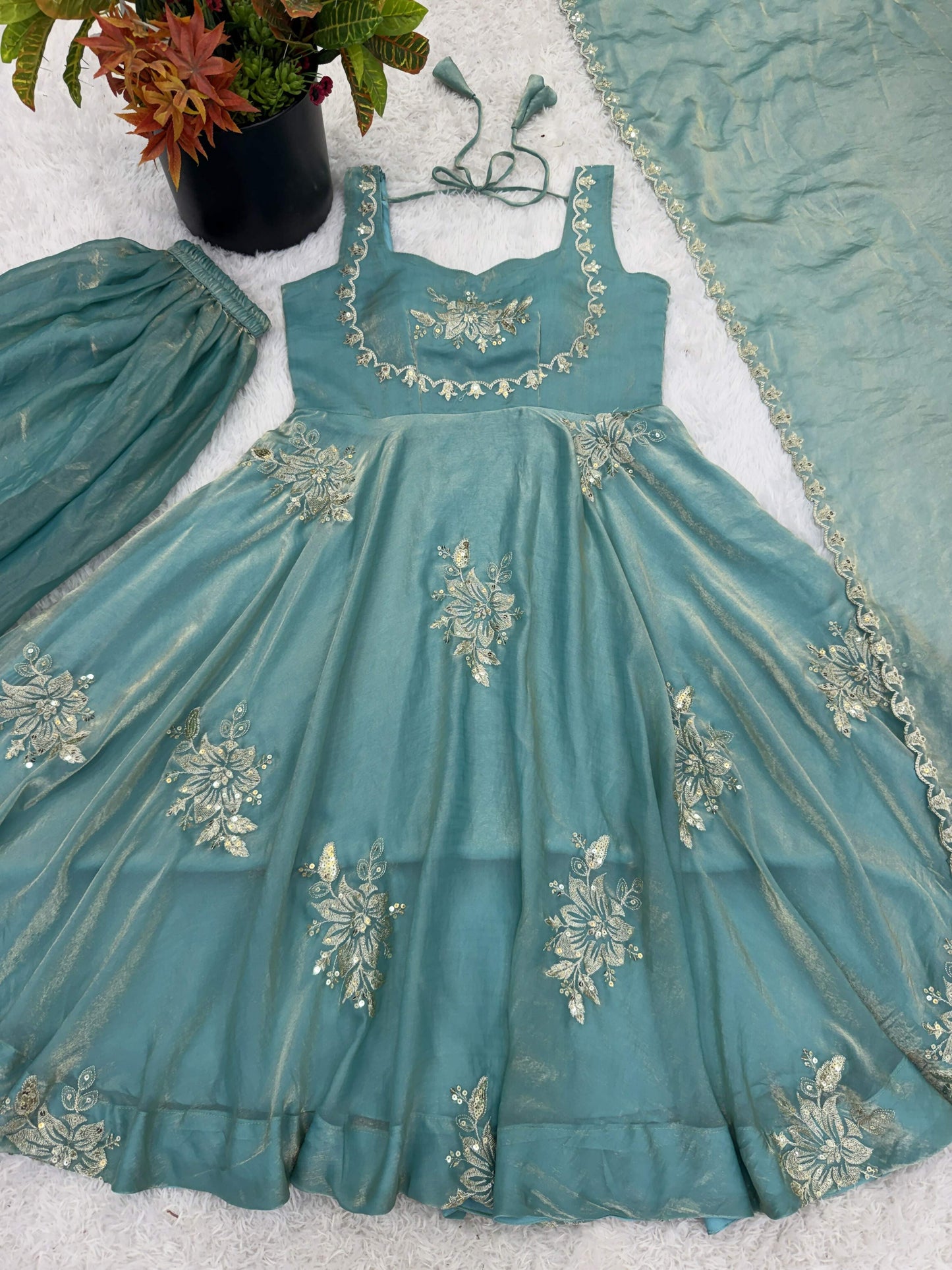 Teeya Creation New Womens Trendy Embroidery Sequence Work Sky-Blue Kurta Set