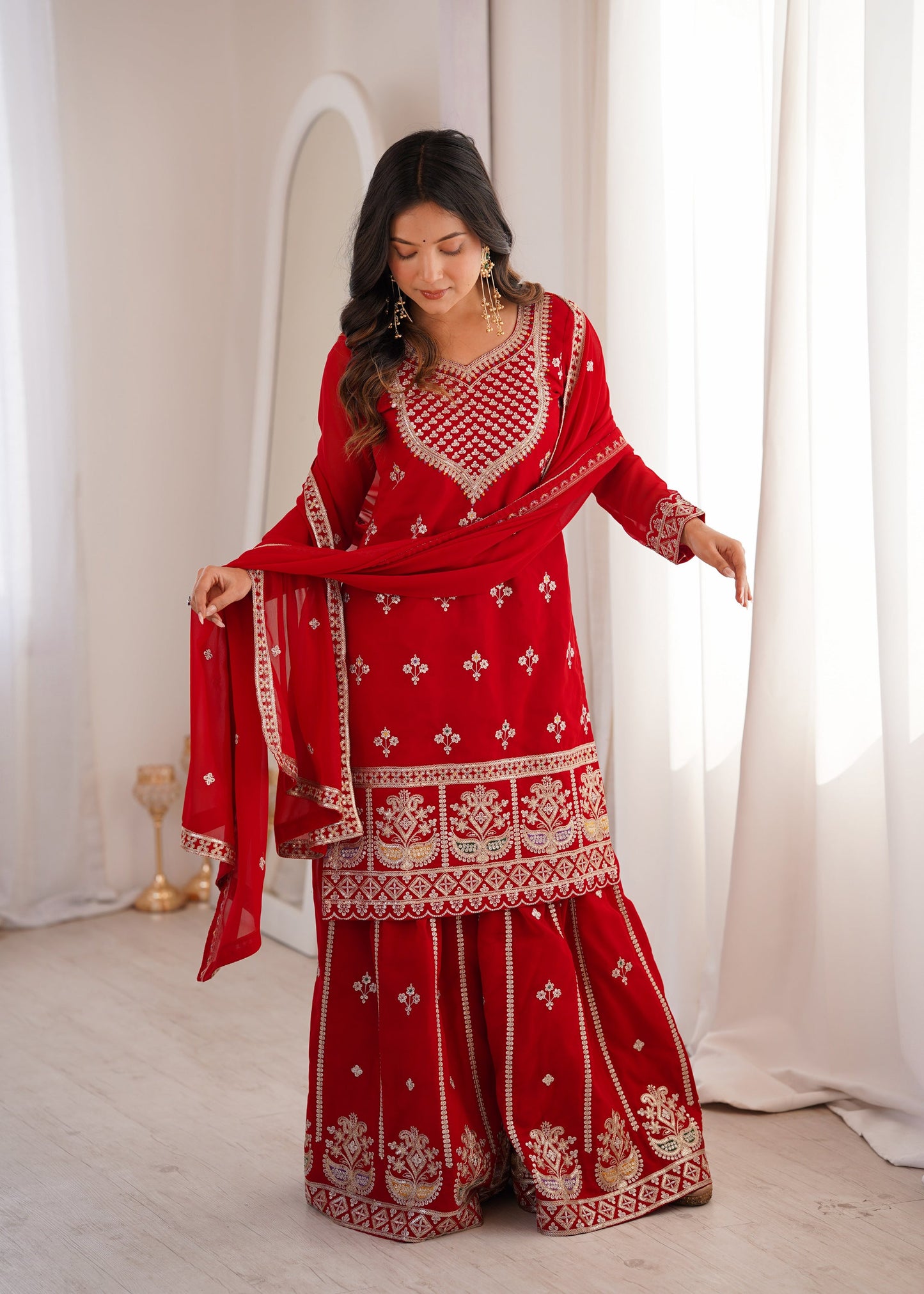 Lorenvalley Fashion Red Faux Georgette Embroidery Dori, Jari, Sequence and Thread Work Kurta Sharara with Dupatta