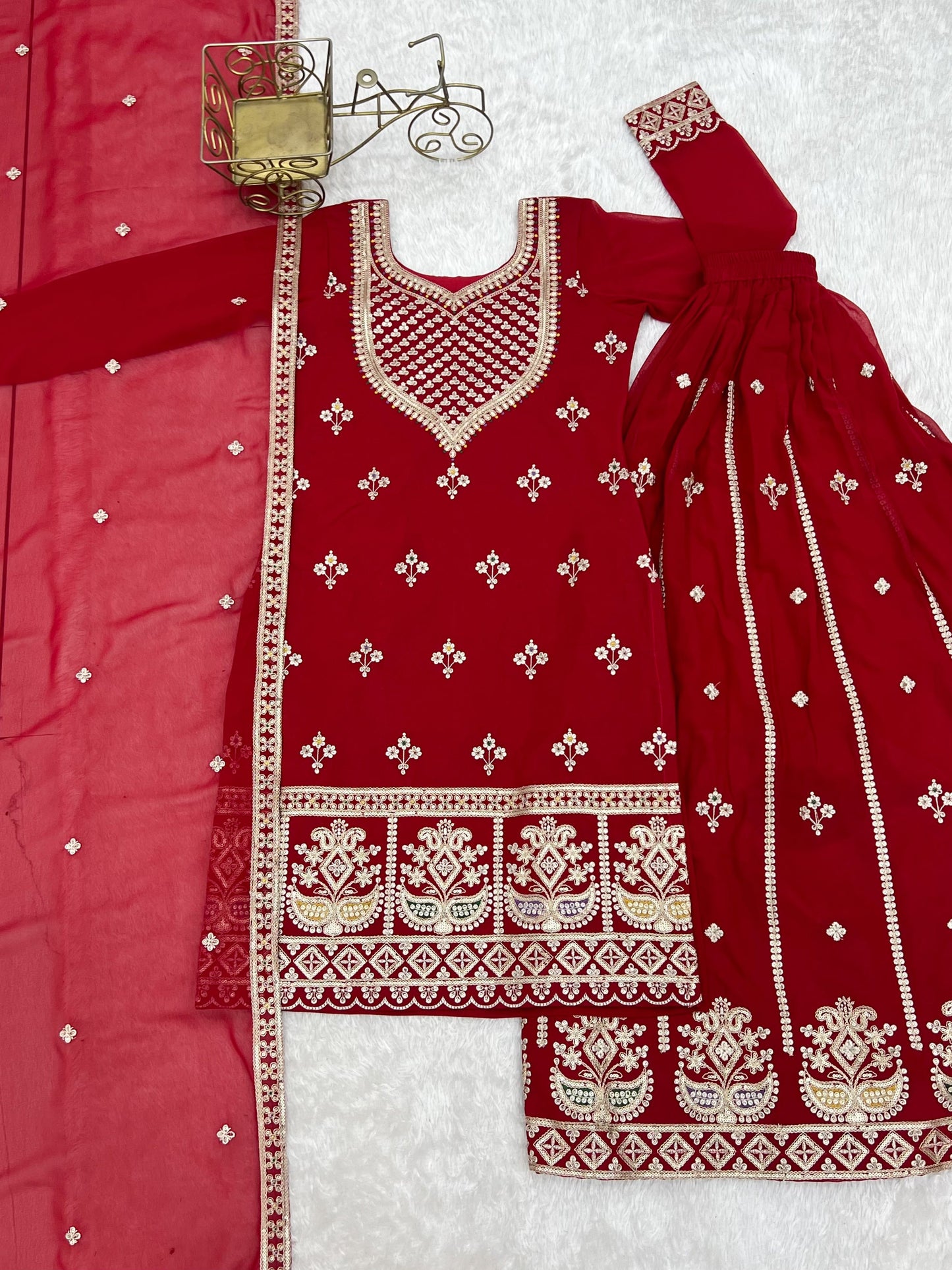 Lorenvalley Fashion Red Faux Georgette Embroidery Dori, Jari, Sequence and Thread Work Kurta Sharara with Dupatta