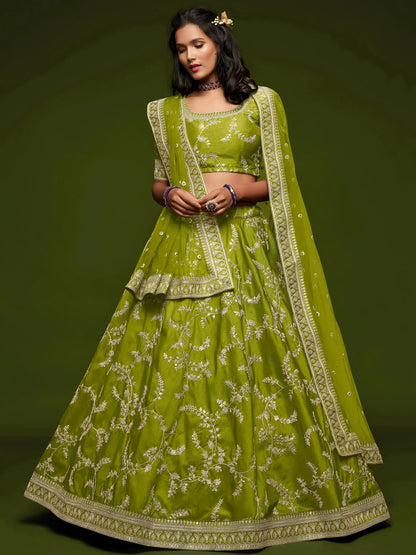 Tulsi Art Neon Green Thread Embroidery Art Silk Wedding Wear Lehenga Choli