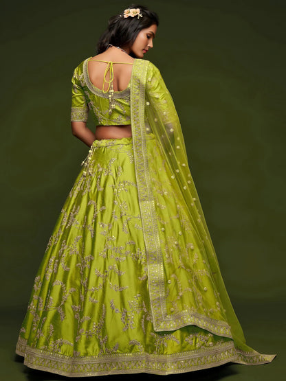 Tulsi Art Neon Green Thread Embroidery Art Silk Wedding Wear Lehenga Choli