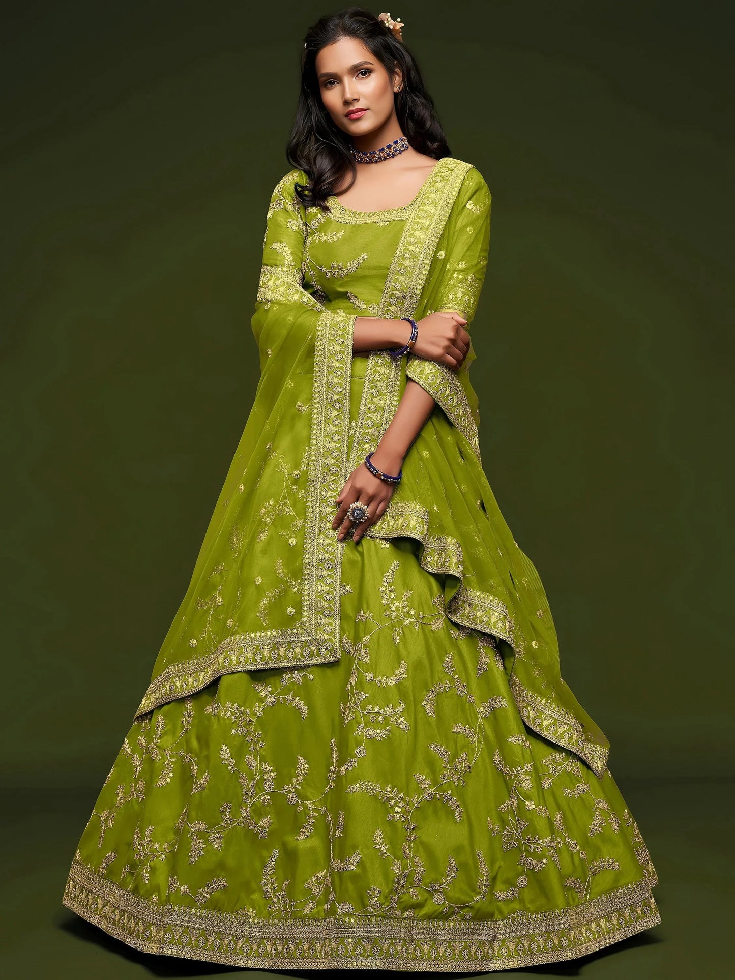 Tulsi Art Neon Green Thread Embroidery Art Silk Wedding Wear Lehenga Choli