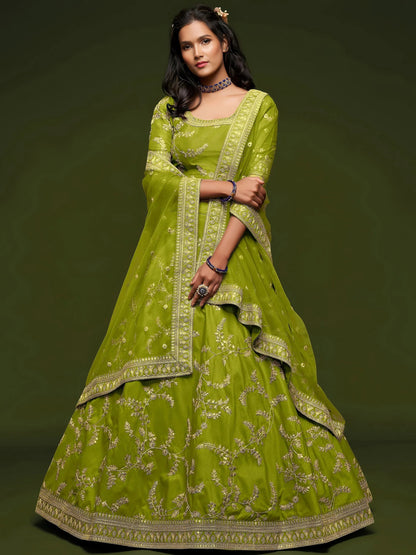 Tulsi Art Neon Green Thread Embroidery Art Silk Wedding Wear Lehenga Choli