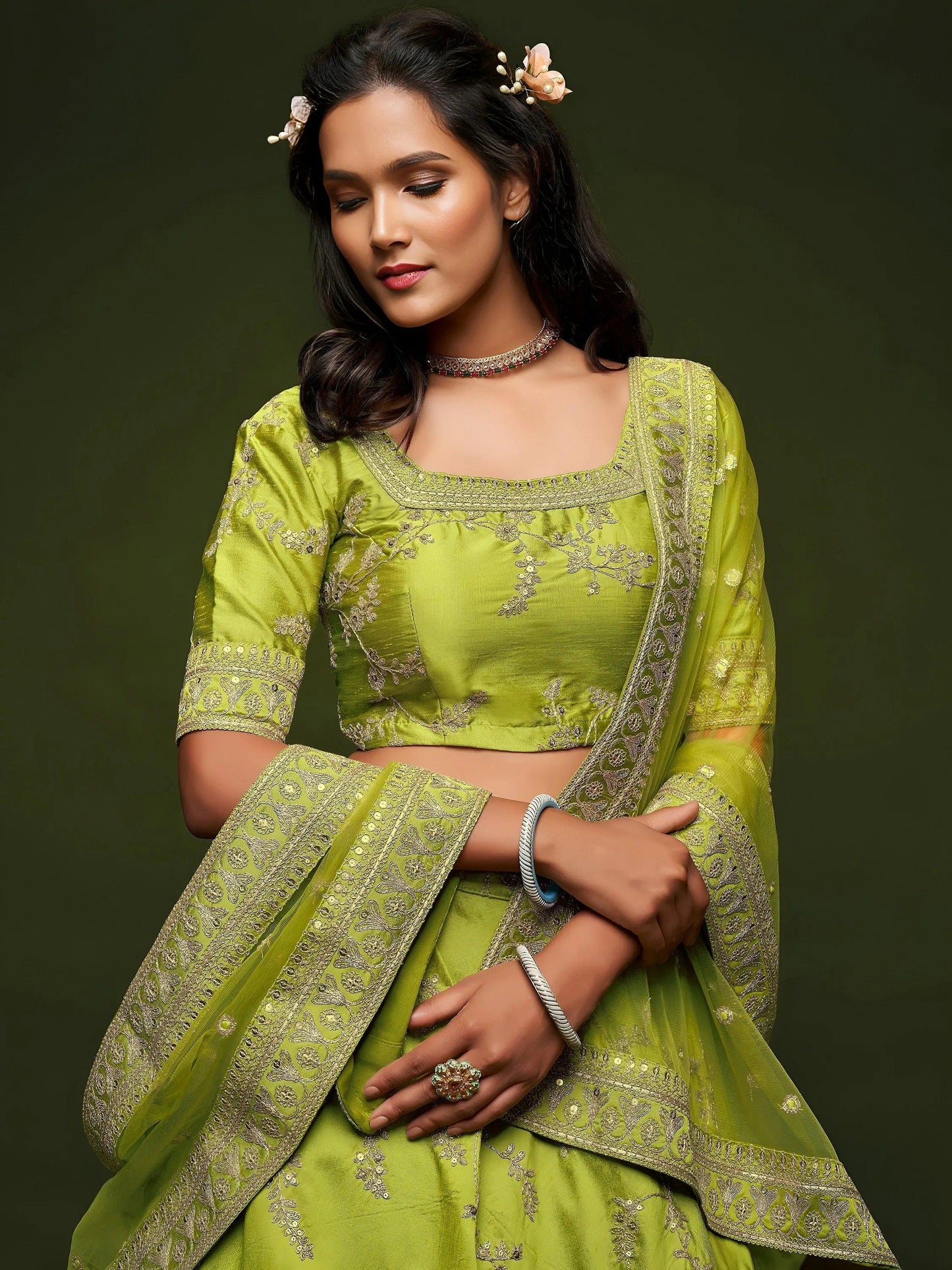 Tulsi Art Neon Green Thread Embroidery Art Silk Wedding Wear Lehenga Choli