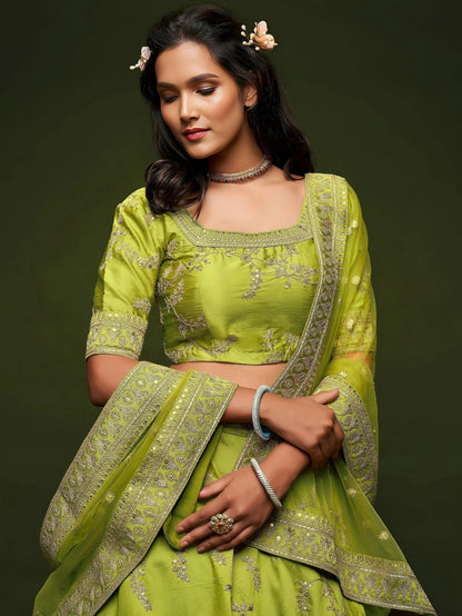 Tulsi Art Neon Green Thread Embroidery Art Silk Wedding Wear Lehenga Choli