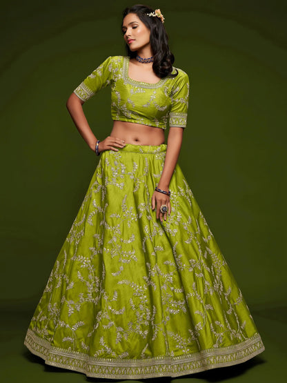 Tulsi Art Neon Green Thread Embroidery Art Silk Wedding Wear Lehenga Choli