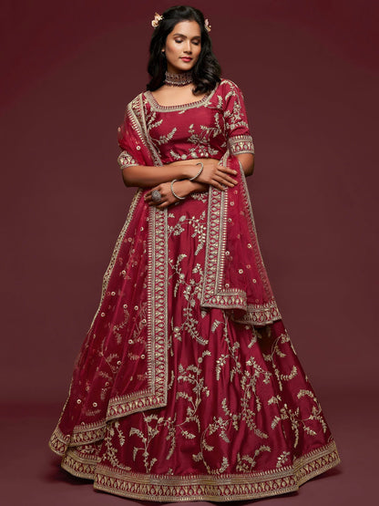 Tulsi Art Maroon Thread Embroidery Art Silk Wedding Wear Lehenga Choli