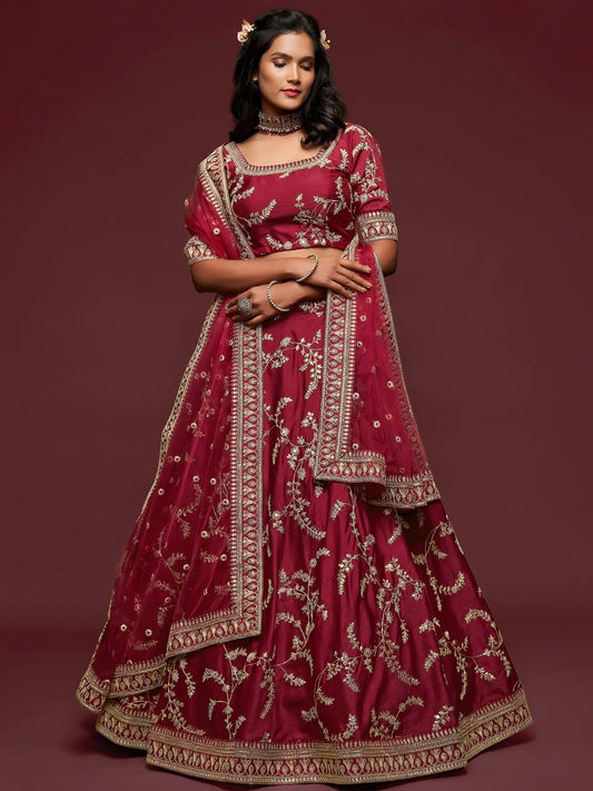 Tulsi Art Maroon Thread Embroidery Art Silk Wedding Wear Lehenga Choli