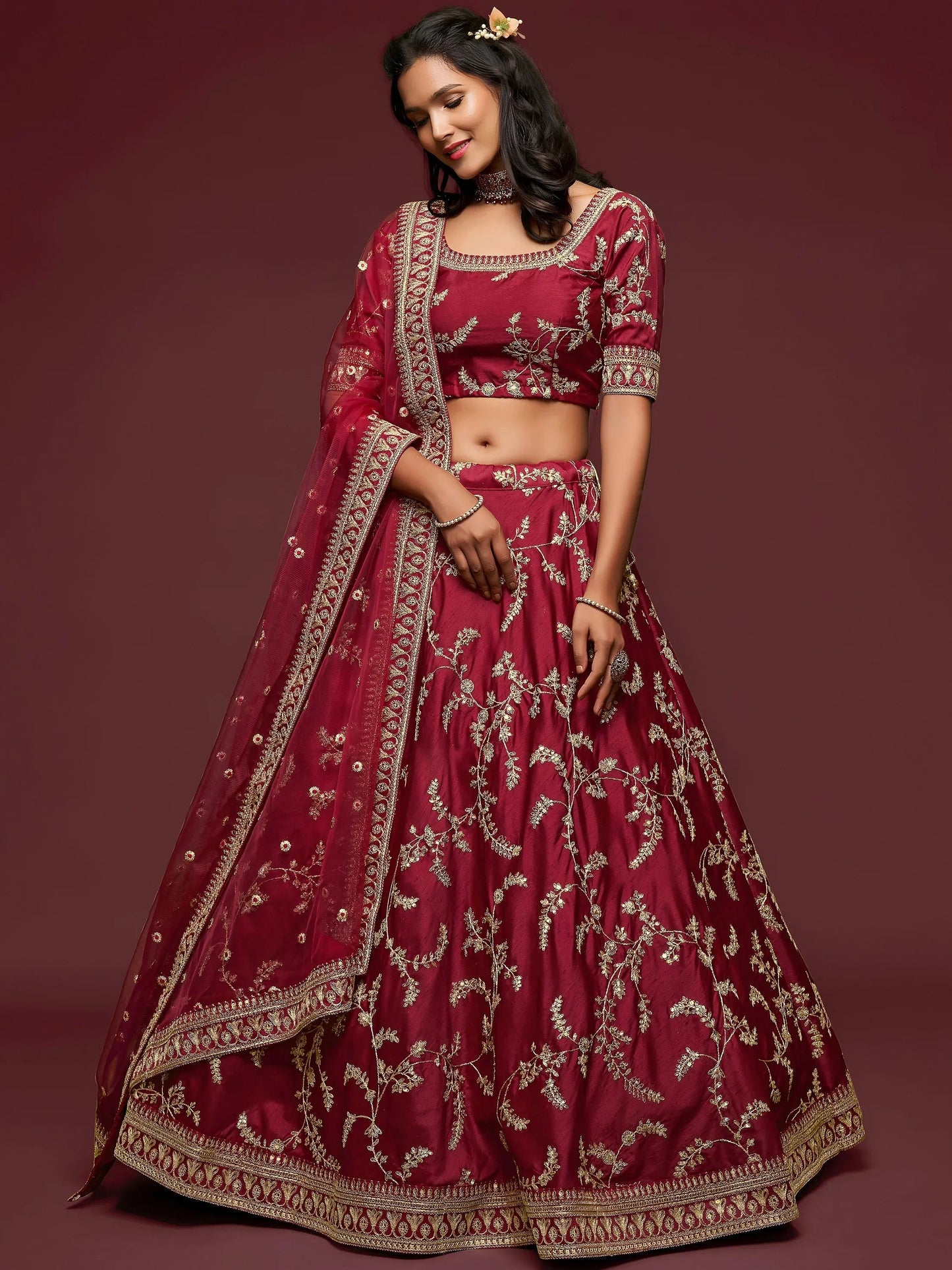 Tulsi Art Maroon Thread Embroidery Art Silk Wedding Wear Lehenga Choli