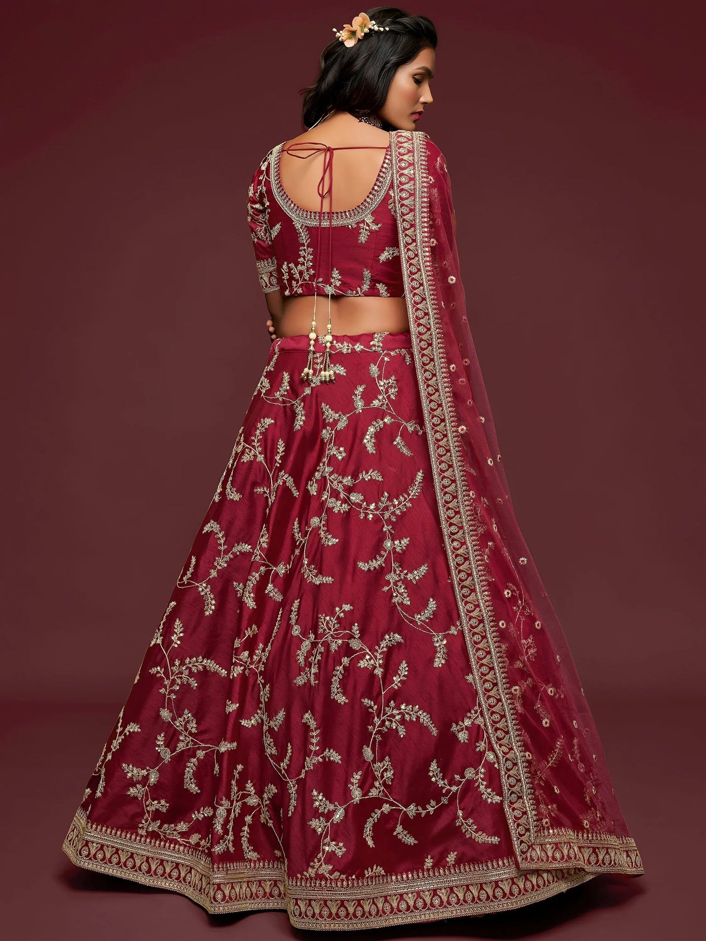 Tulsi Art Maroon Thread Embroidery Art Silk Wedding Wear Lehenga Choli