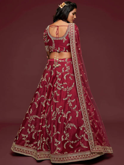 Tulsi Art Maroon Thread Embroidery Art Silk Wedding Wear Lehenga Choli