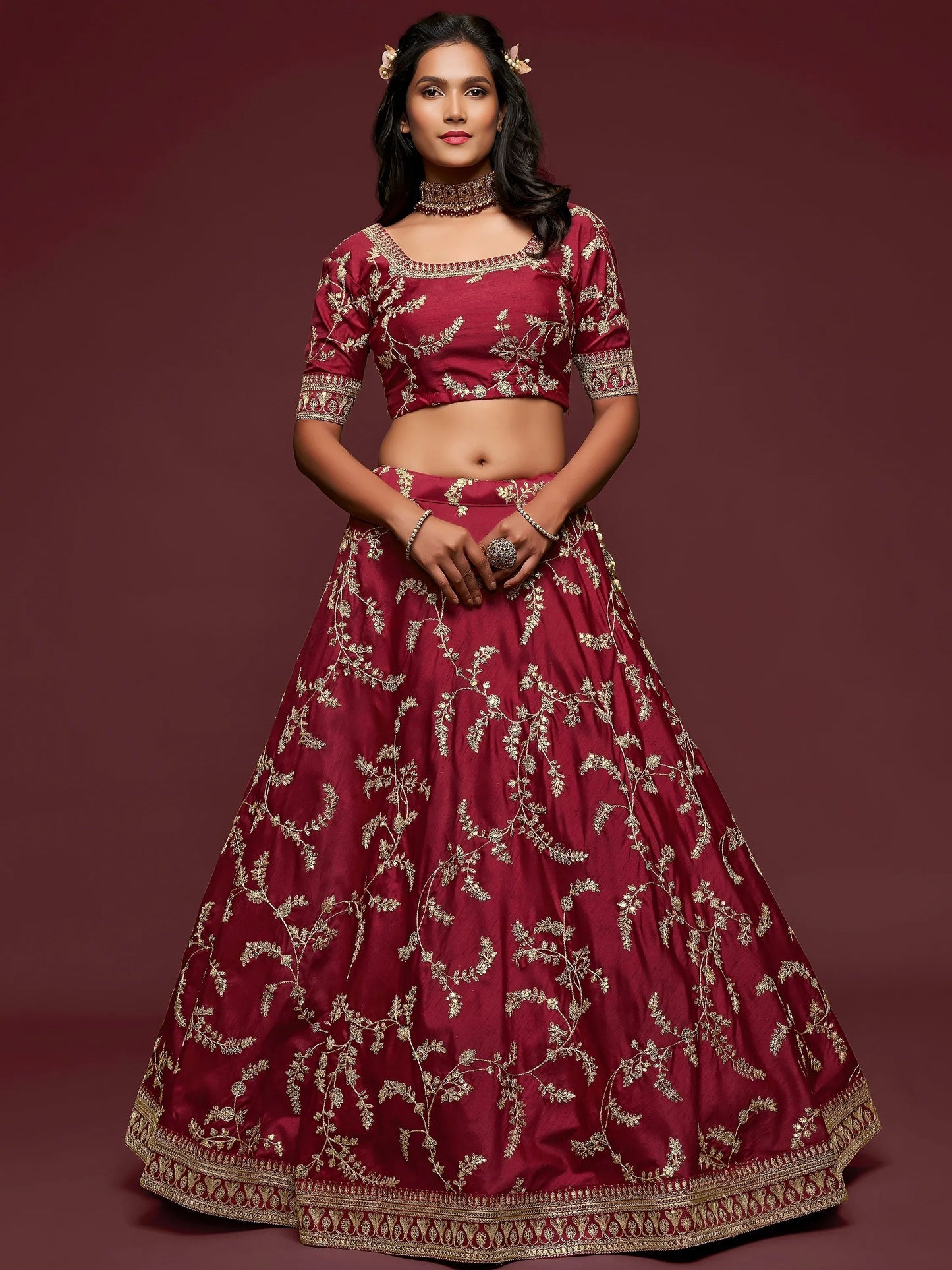Tulsi Art Maroon Thread Embroidery Art Silk Wedding Wear Lehenga Choli