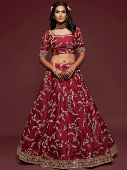 Tulsi Art Maroon Thread Embroidery Art Silk Wedding Wear Lehenga Choli