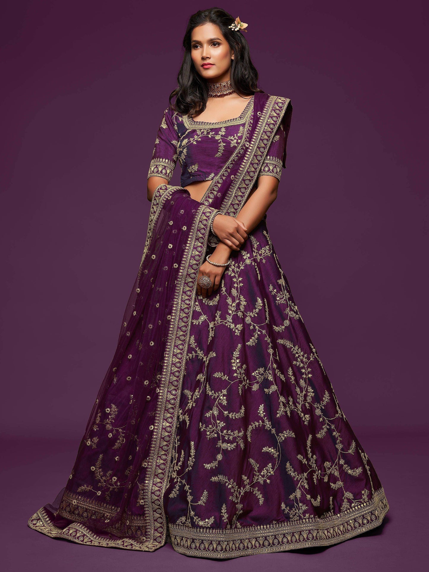 Tulsi Art Purple Thread Embroidery Art Silk Wedding Wear Lehenga Choli