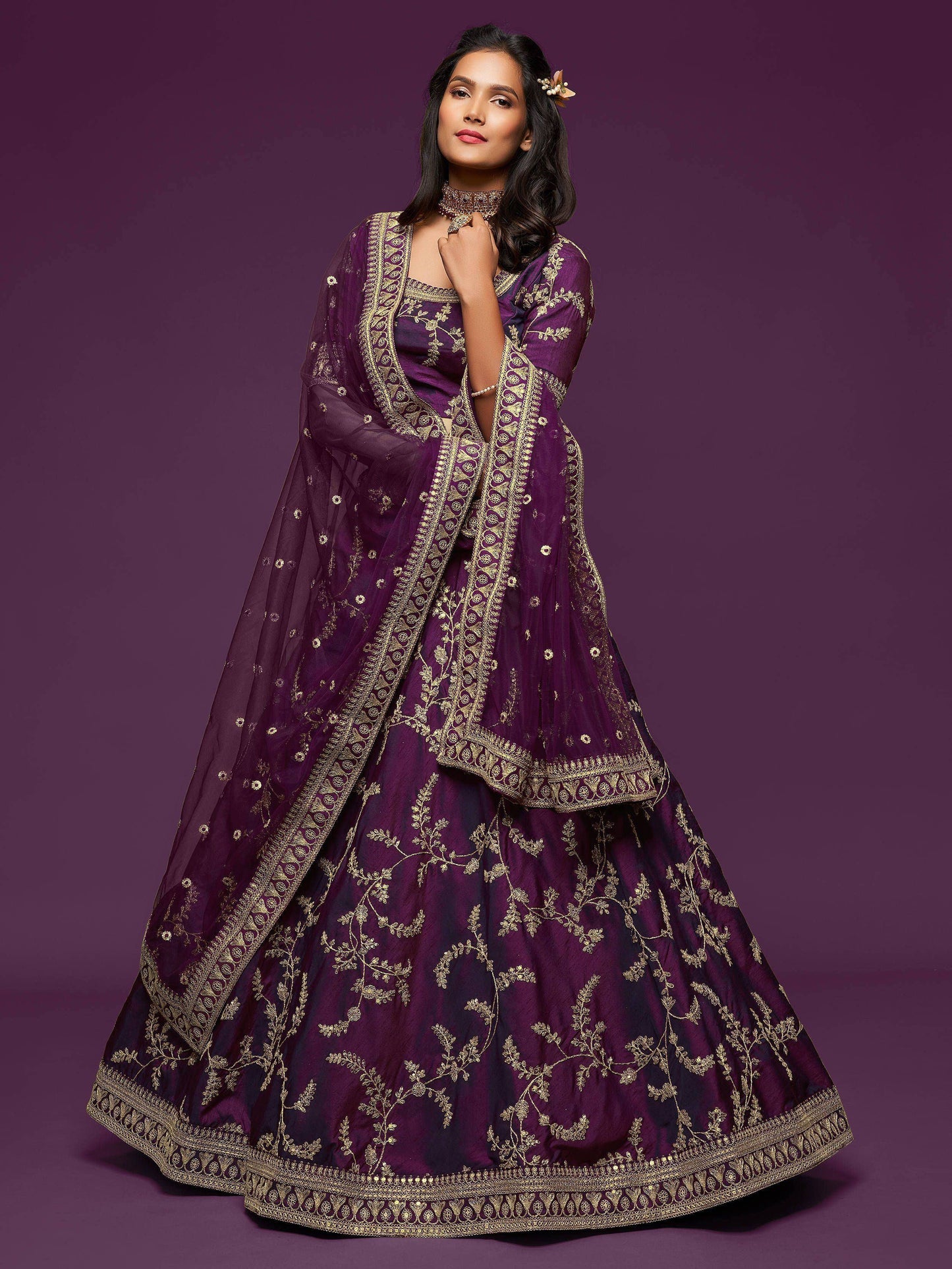 Tulsi Art Purple Thread Embroidery Art Silk Wedding Wear Lehenga Choli