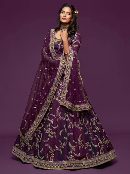 Tulsi Art Purple Thread Embroidery Art Silk Wedding Wear Lehenga Choli