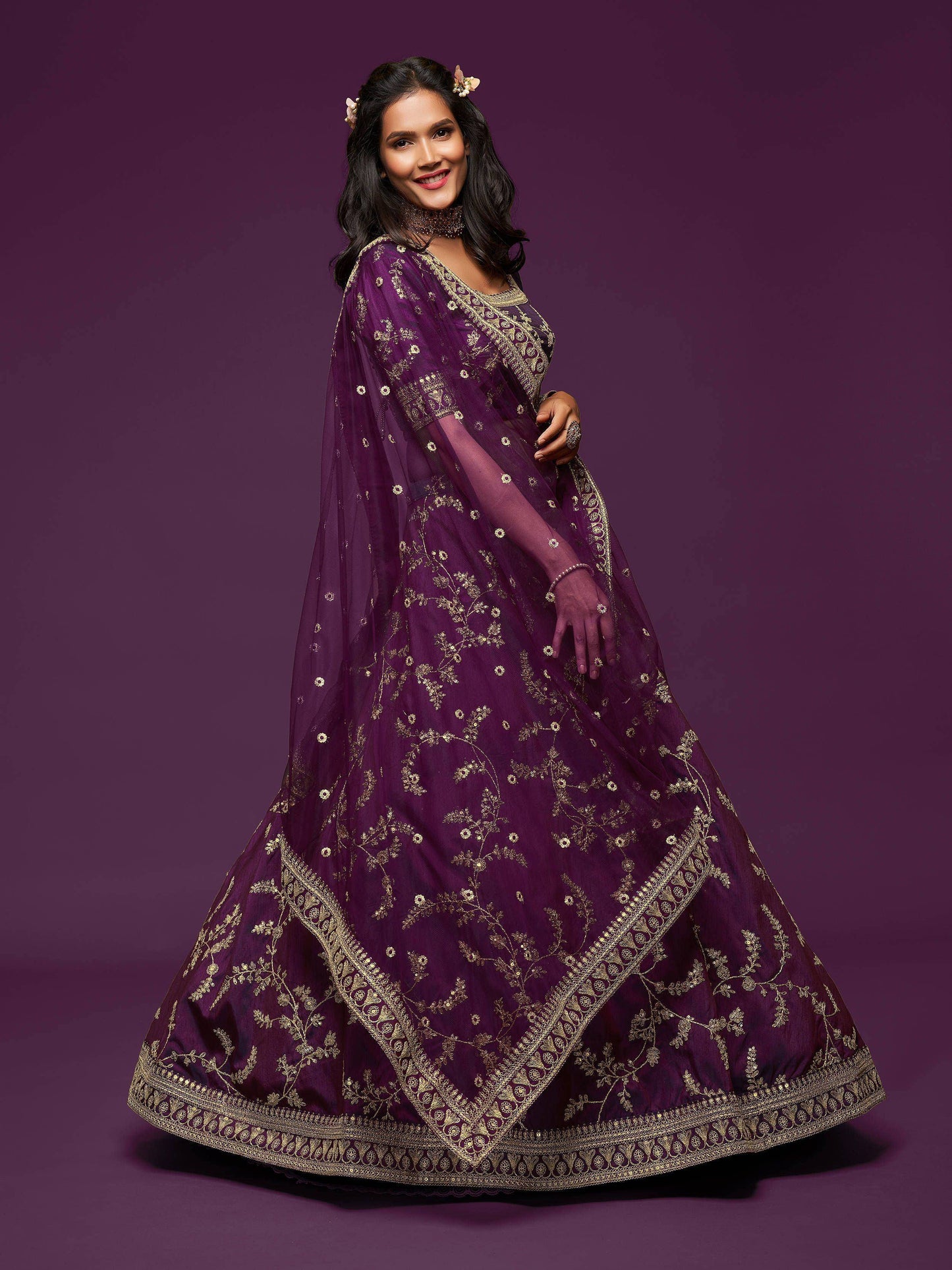 Tulsi Art Purple Thread Embroidery Art Silk Wedding Wear Lehenga Choli