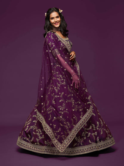 Tulsi Art Purple Thread Embroidery Art Silk Wedding Wear Lehenga Choli