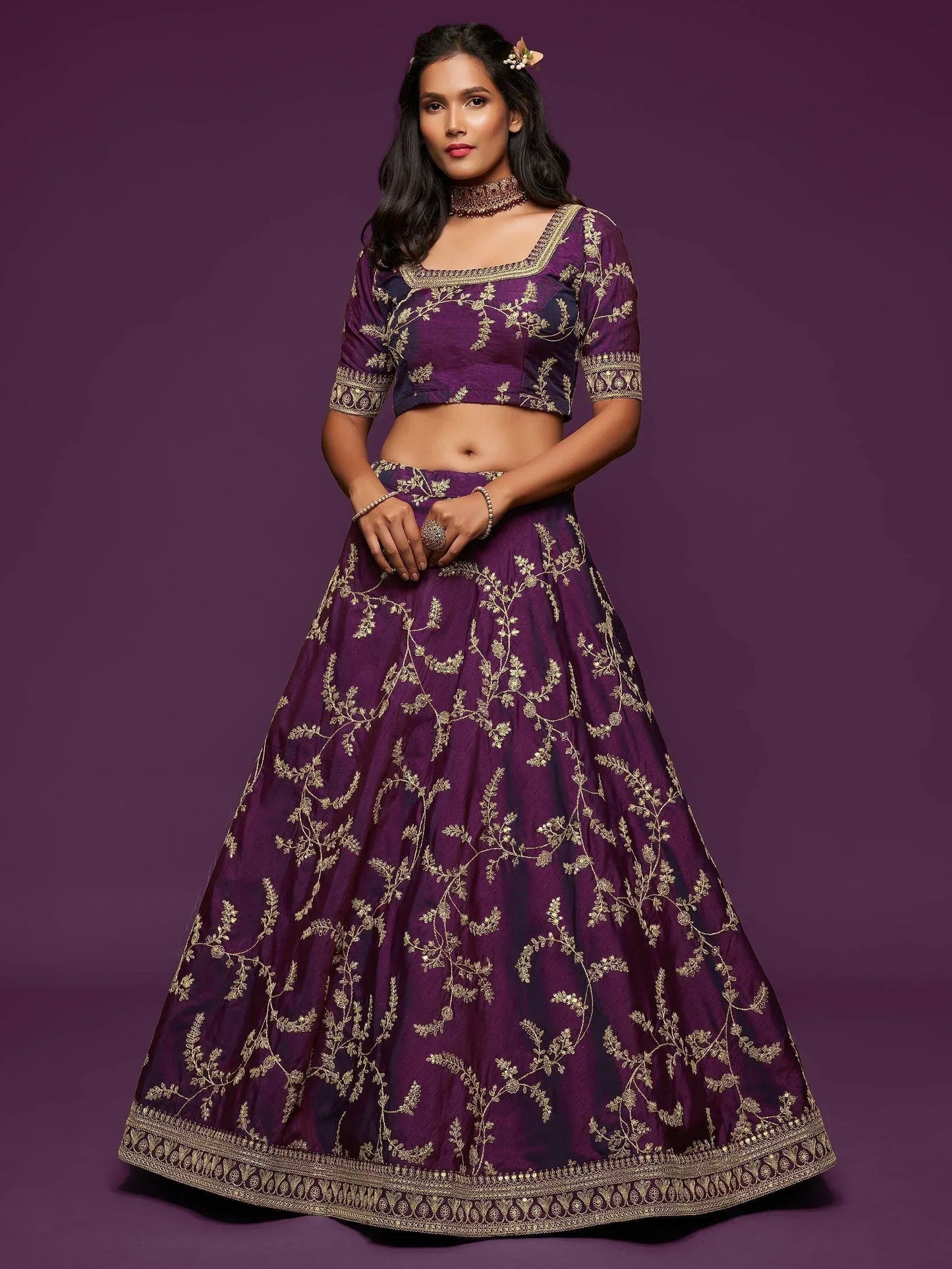 Tulsi Art Purple Thread Embroidery Art Silk Wedding Wear Lehenga Choli