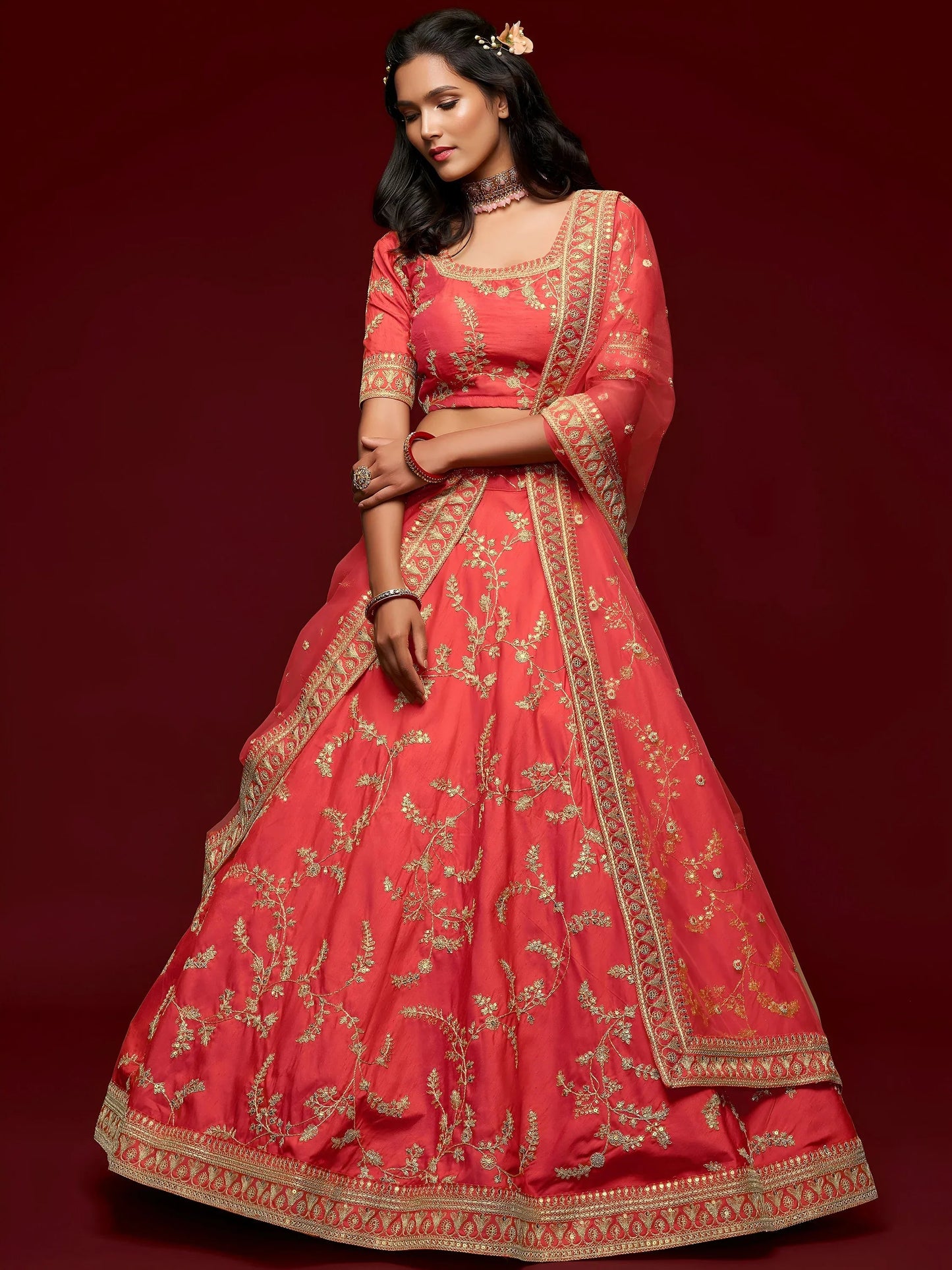 Tulsi Art Coral Red Thread Embroidery Art Silk Wedding Wear Lehenga Choli
