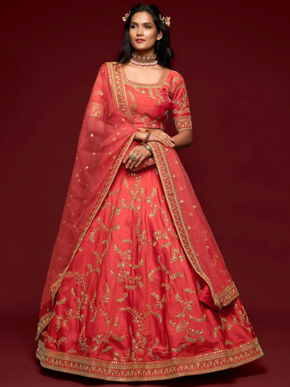 Tulsi Art Coral Red Thread Embroidery Art Silk Wedding Wear Lehenga Choli