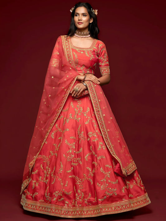 Tulsi Art Coral Red Thread Embroidery Art Silk Wedding Wear Lehenga Choli