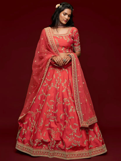 Tulsi Art Coral Red Thread Embroidery Art Silk Wedding Wear Lehenga Choli
