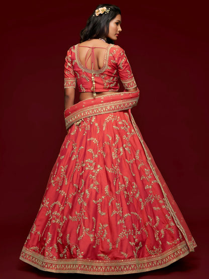 Tulsi Art Coral Red Thread Embroidery Art Silk Wedding Wear Lehenga Choli