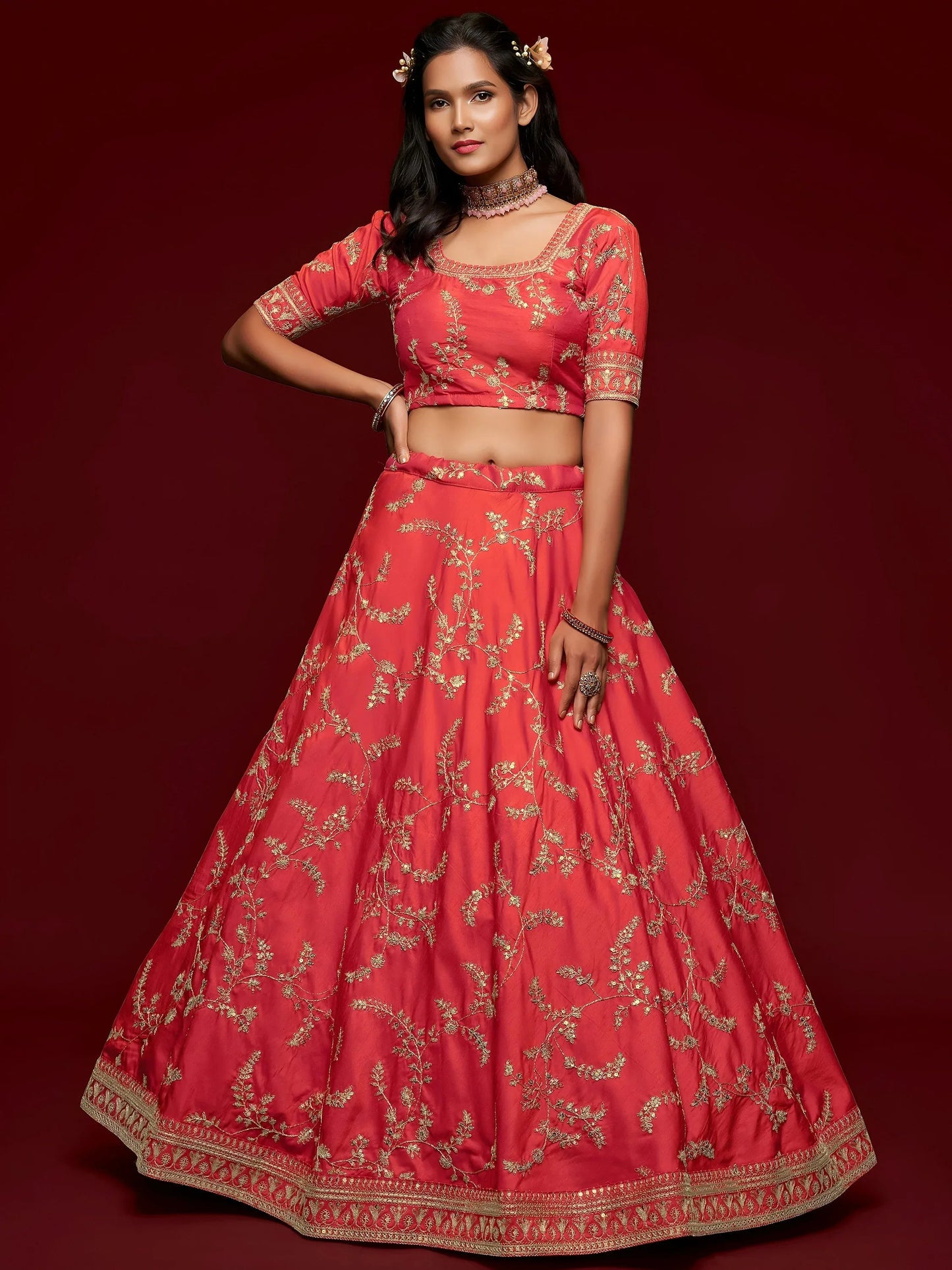 Tulsi Art Coral Red Thread Embroidery Art Silk Wedding Wear Lehenga Choli
