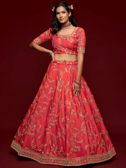 Tulsi Art Coral Red Thread Embroidery Art Silk Wedding Wear Lehenga Choli