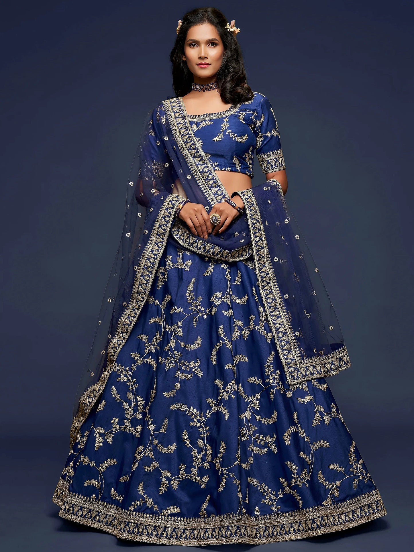Tulsi Art Blue Thread Embroidery Art Silk Wedding Wear Lehenga Choli