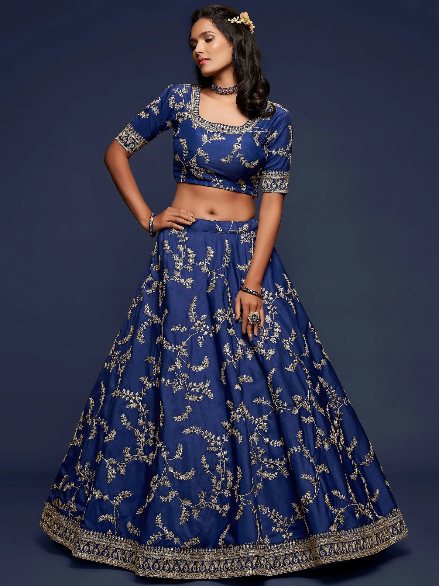 Tulsi Art Blue Thread Embroidery Art Silk Wedding Wear Lehenga Choli