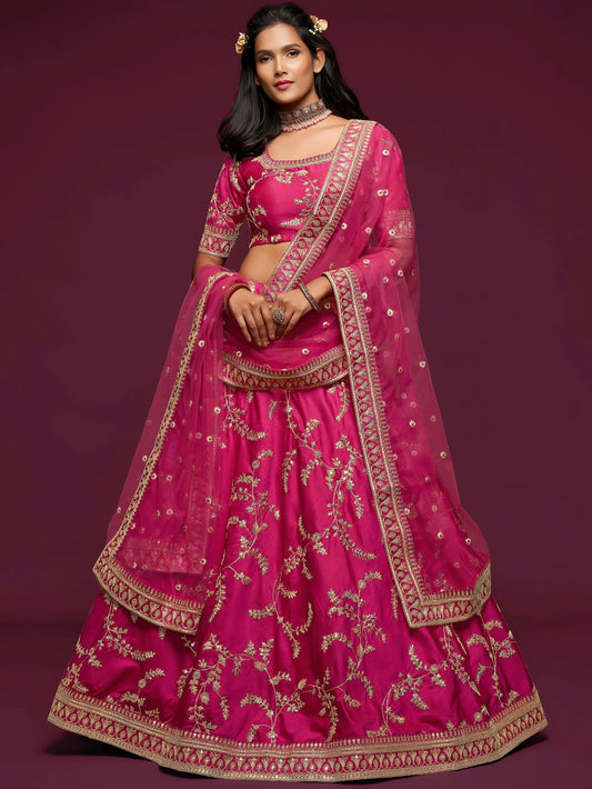 Tulsi Art Pink Thread Embroidery Art Silk Wedding Wear Lehenga Choli