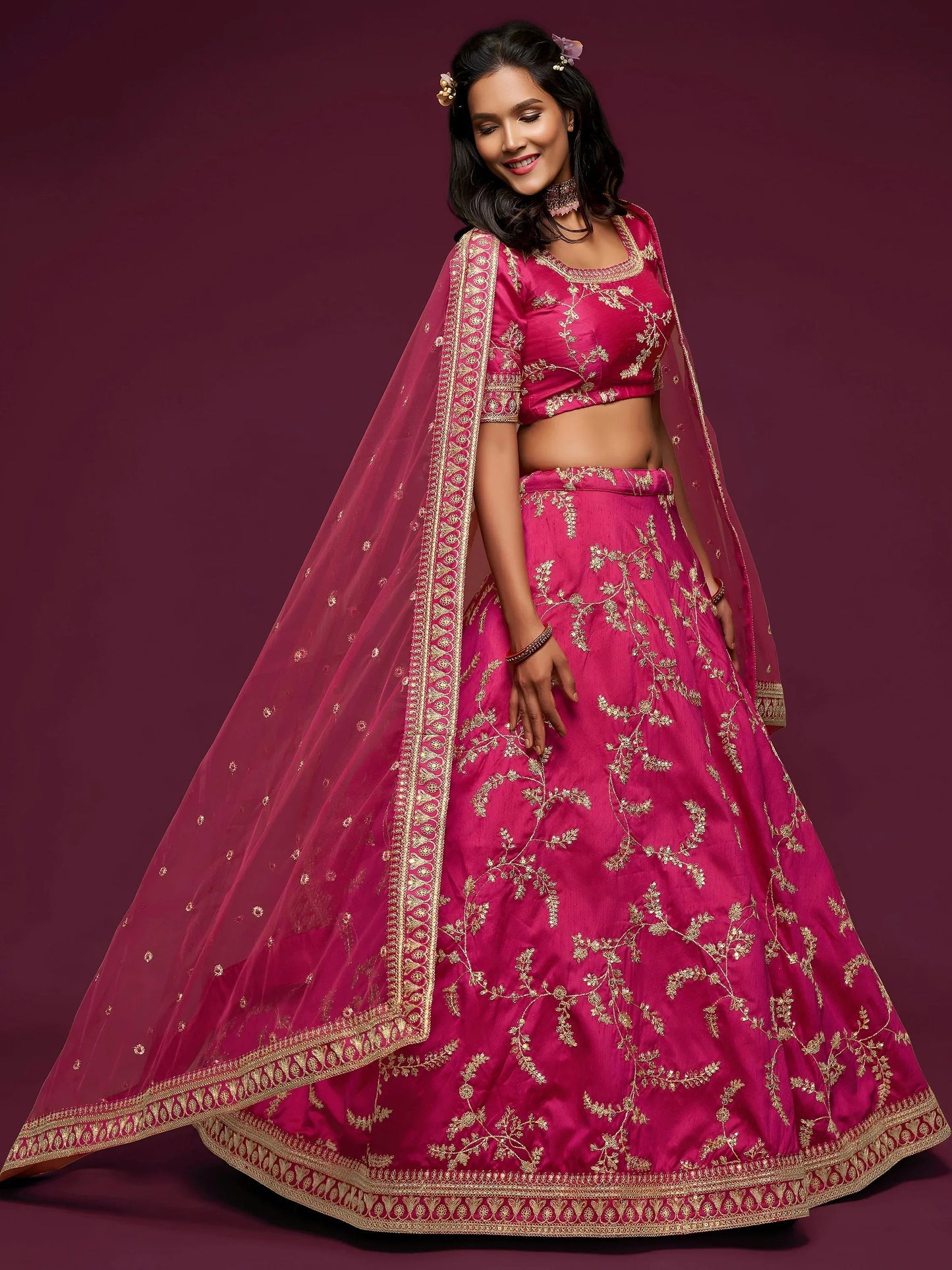 Tulsi Art Pink Thread Embroidery Art Silk Wedding Wear Lehenga Choli