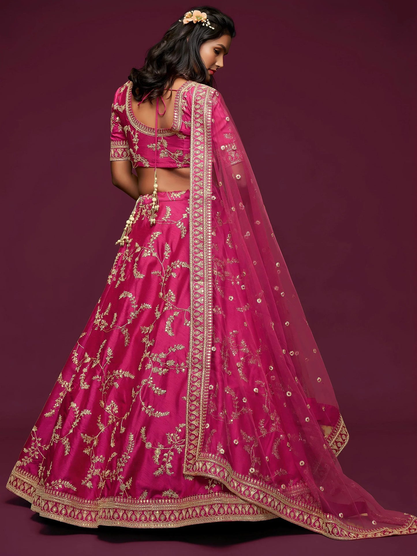 Tulsi Art Pink Thread Embroidery Art Silk Wedding Wear Lehenga Choli