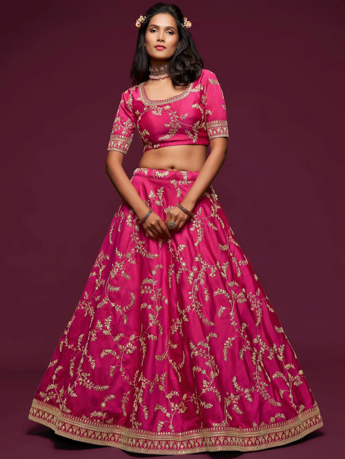 Tulsi Art Pink Thread Embroidery Art Silk Wedding Wear Lehenga Choli