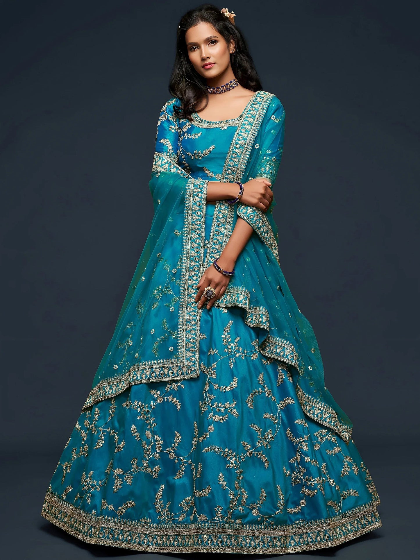 Tulsi Art Teal Blue Thread Embroidery Art Silk Wedding Wear Lehenga Choli