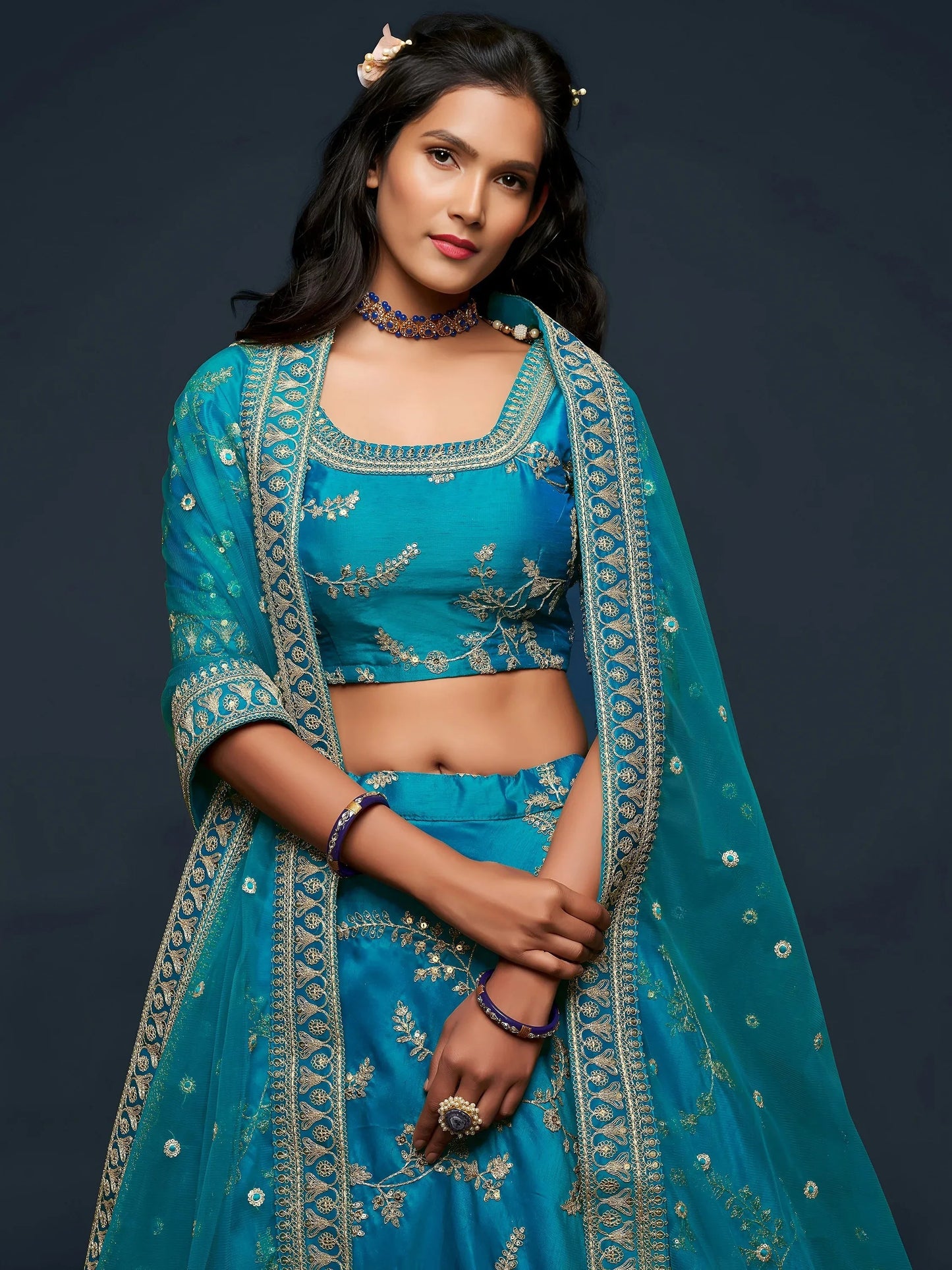 Tulsi Art Teal Blue Thread Embroidery Art Silk Wedding Wear Lehenga Choli