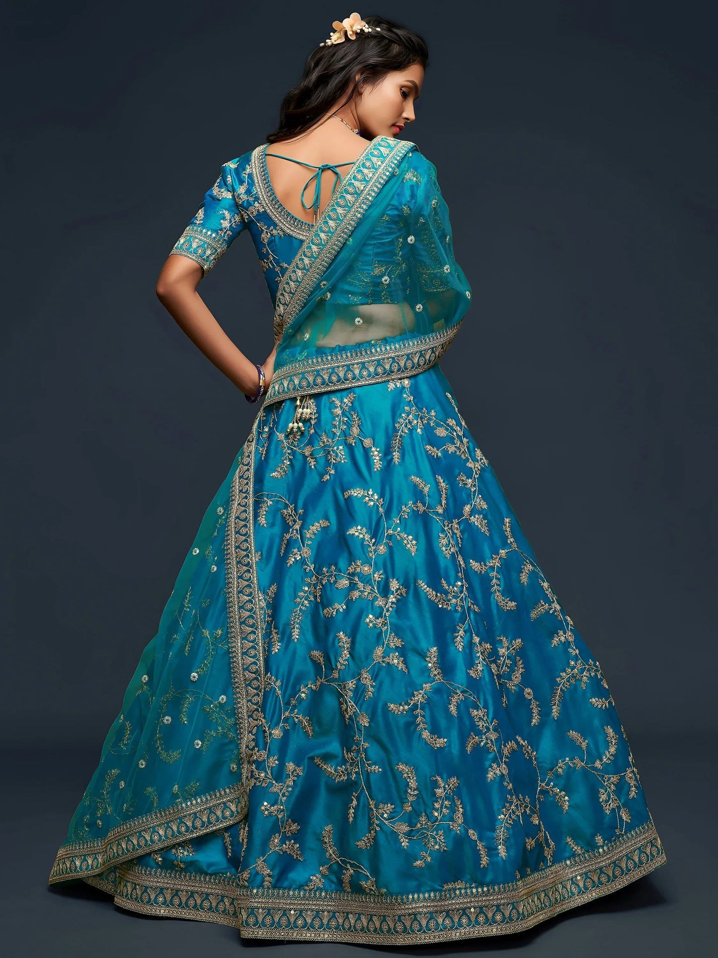 Tulsi Art Teal Blue Thread Embroidery Art Silk Wedding Wear Lehenga Choli